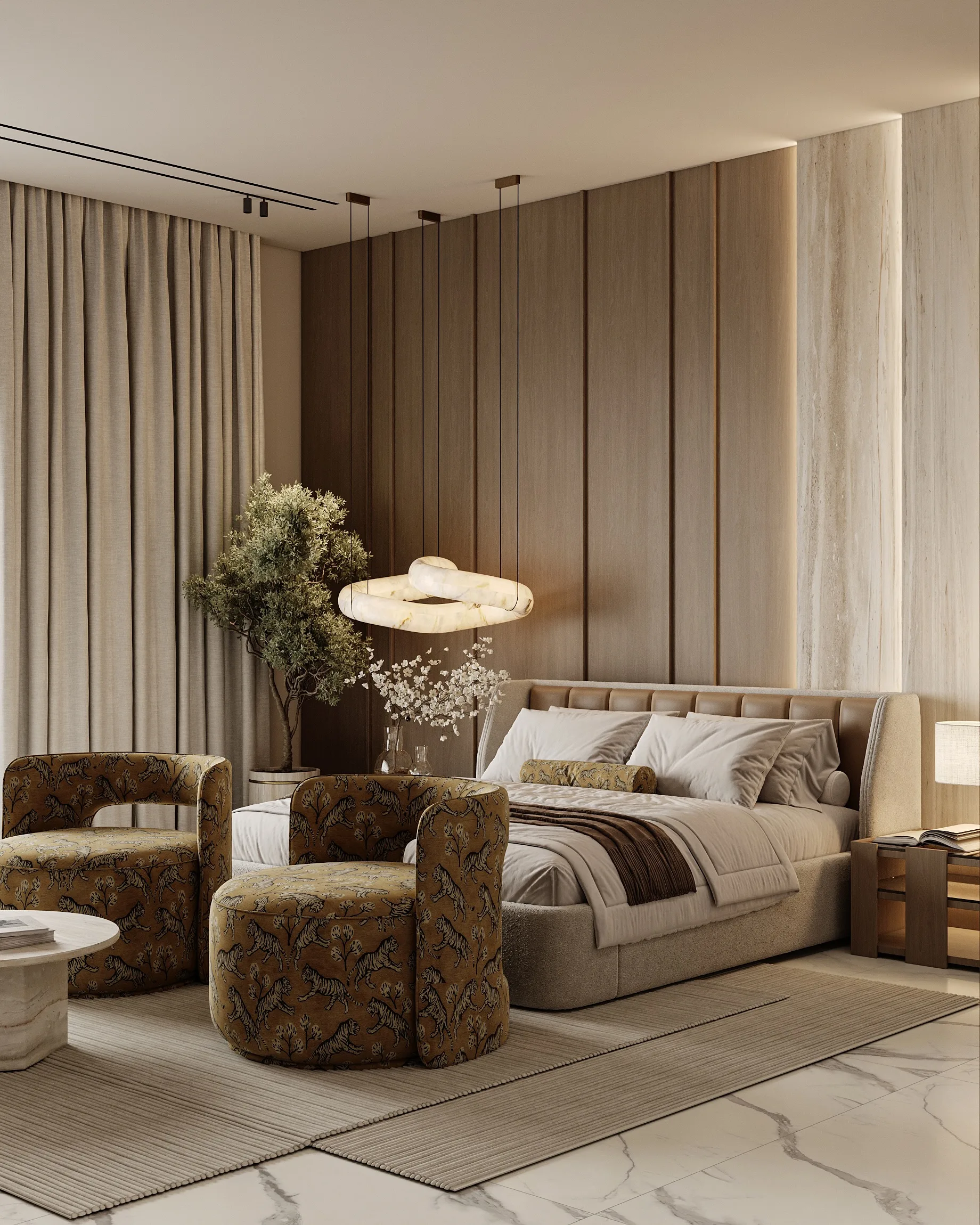 A Vibeawe-designed bedroom with oak panelling and marble flooring