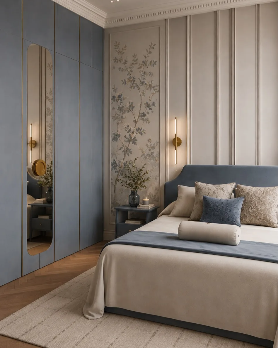 Vibeawe interior design project — bedroom with layered wallpaper and warm lighting